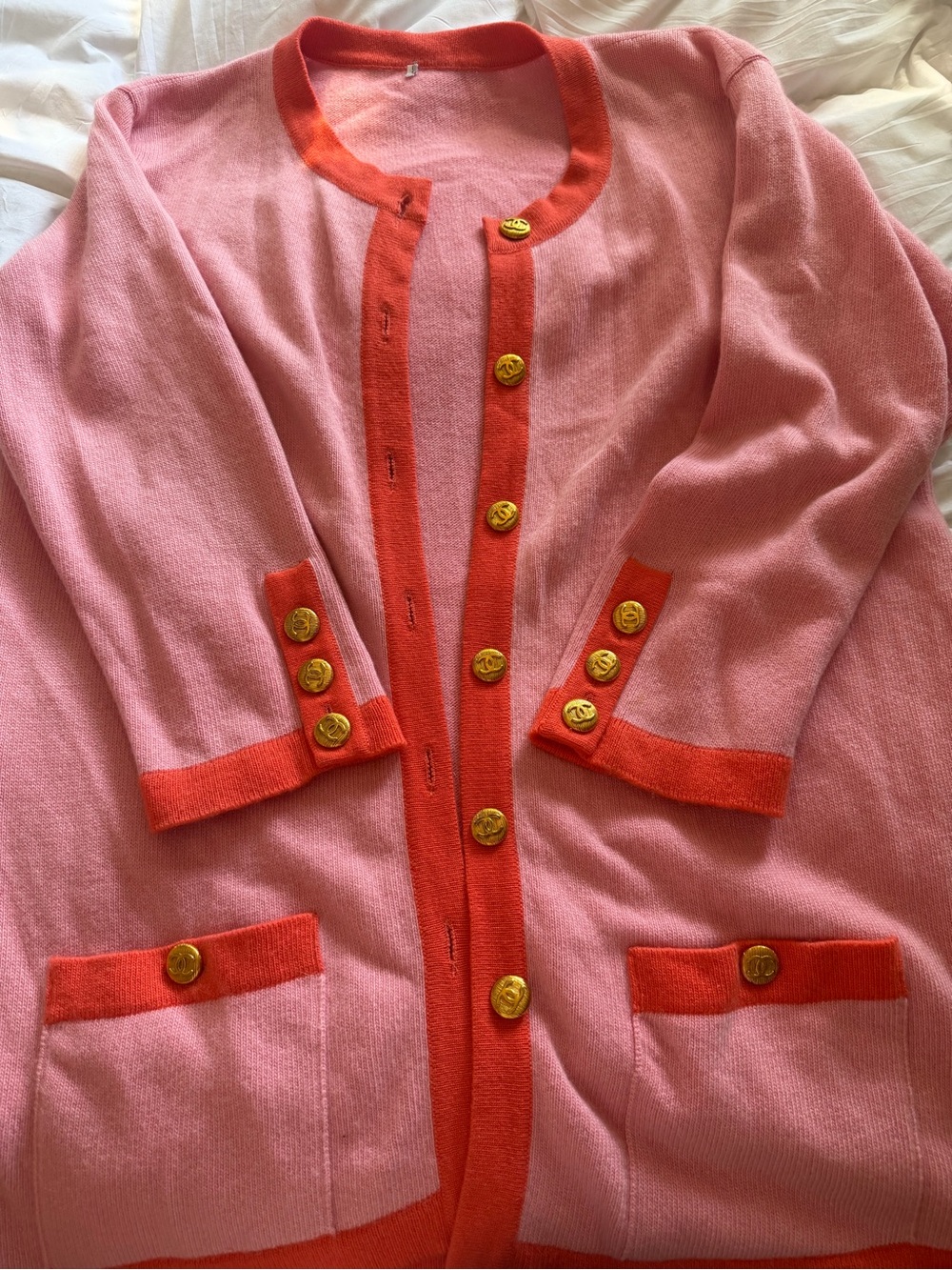 CHANEL Vintage Pink & Coral Button Front Cardigan with Gold Buttons